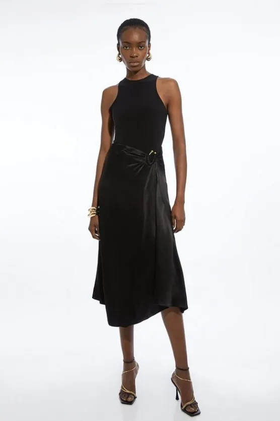 Karen Millen Petite Satin Back Crepe Asymmetric Waist Hardware Maxi Skirt black Online