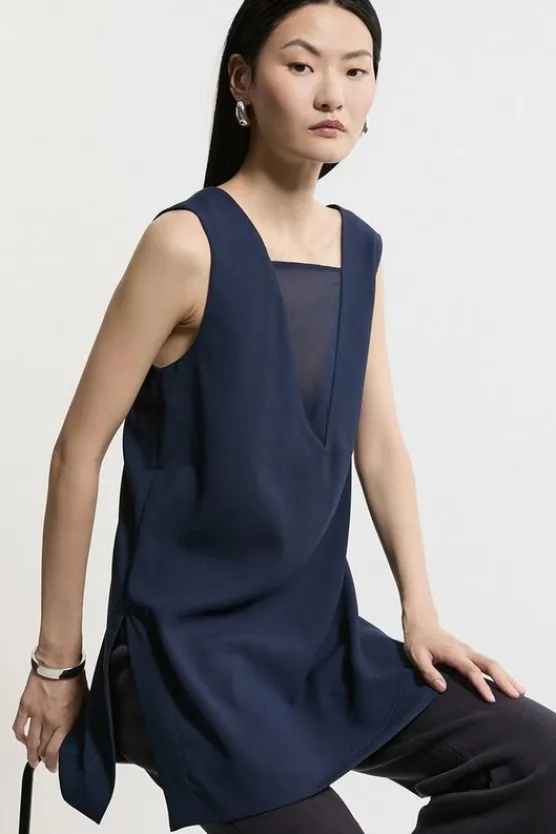 Karen Millen Petite Satin Back Crepe Deep V Woven Tunic navy Sale