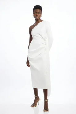 Karen Millen Petite Satin Back Crepe One Shoulder Drape Midi Dress ivory Fashion