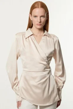 Karen Millen Petite Satin Back Crepe Pearl Detail Wrap Blouse champagne New