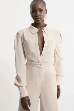 Karen Millen Petite Satin Back Crepe Woven Blouse champagne Sale