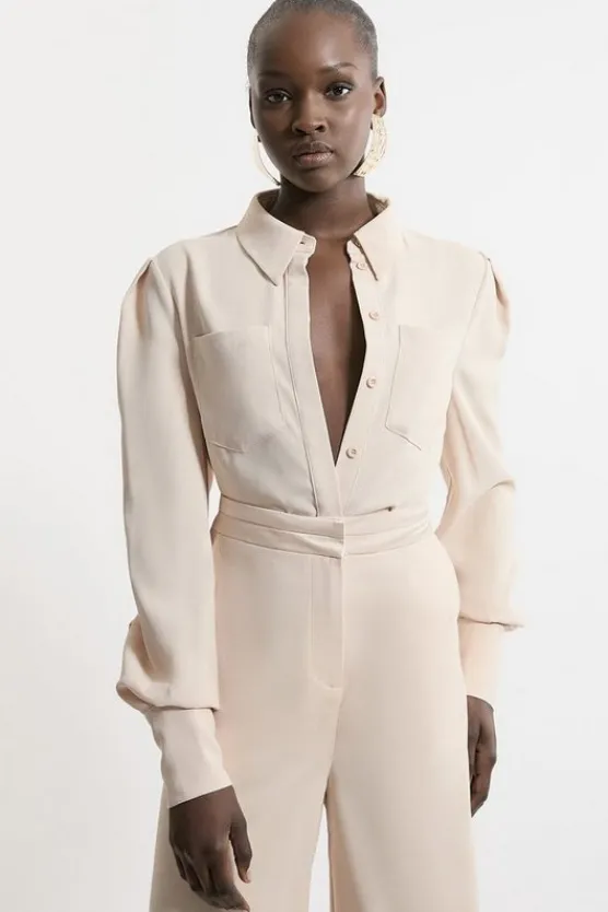 Karen Millen Petite Satin Back Crepe Woven Blouse champagne Sale