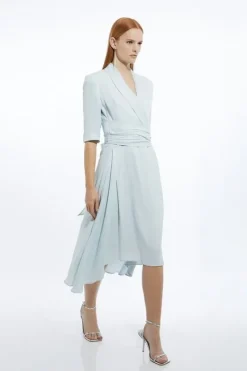 Karen Millen Petite Satin Back Crepe Wrap Tie High Low Maxi Dress paleblue Clearance