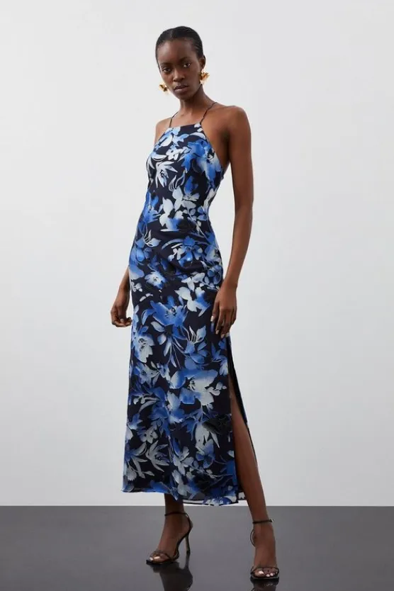 Karen Millen Petite Satin Floral Devore Woven Strappy Maxi Dress navy New