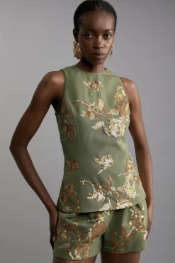 Karen Millen Petite Satin Sequin And Embroidery Woven Sleeveless Top khaki Online