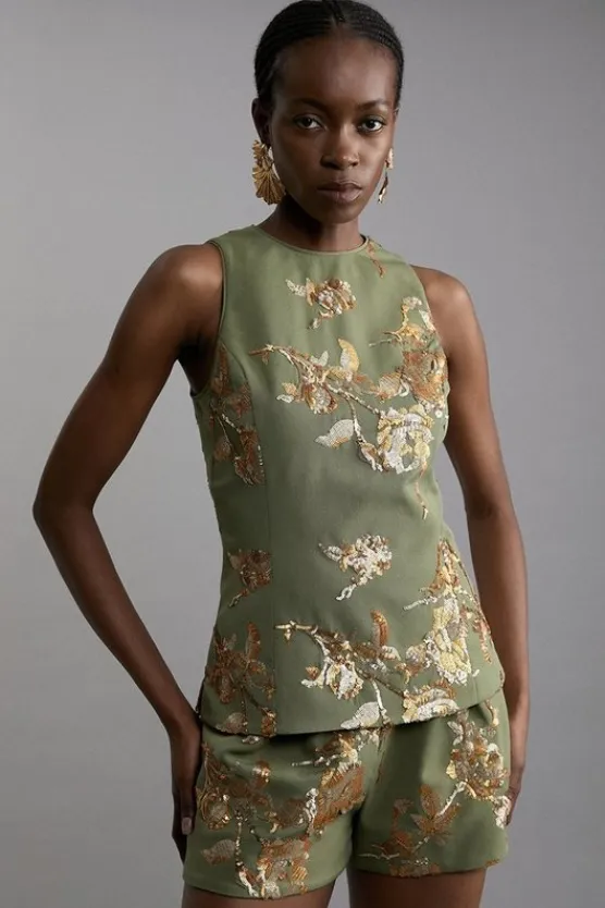 Karen Millen Petite Satin Sequin And Embroidery Woven Sleeveless Top khaki Online