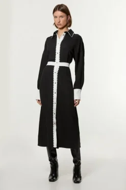 Karen Millen Petite Scallop Trim Woven Crepe Shirt Dress mono Hot