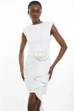 Karen Millen Petite Scuba Crepe Drama Rosette Woven Backless Mini Dress ivory Best