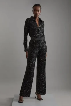 Karen Millen Petite Sequin High Waisted Wide Leg Pants black Best