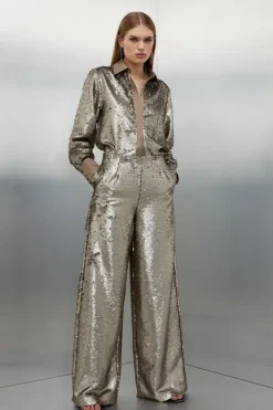 Karen Millen Petite Sequin Woven Wide Leg Pants silver Hot