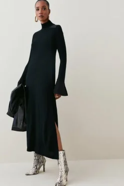 Karen Millen Petite Silk Cuff Maxi Knit Merino Dress black New