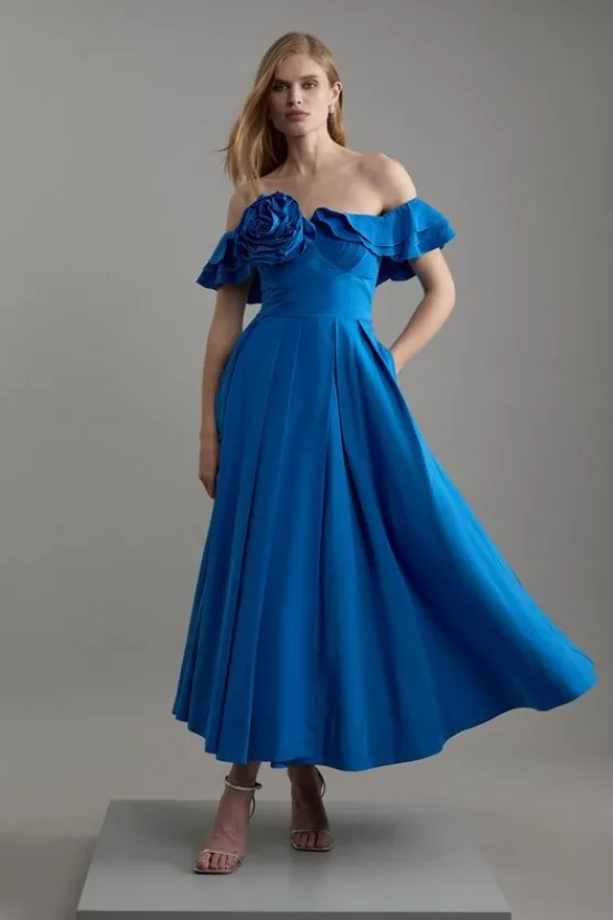 Karen Millen Petite Size Off The Shoulder Taffeta Woven Maxi Dress blue Fashion