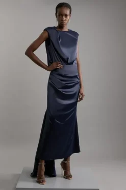 Karen Millen Petite Sleeveless Satin Drape Woven Midaxi Dress navy Best