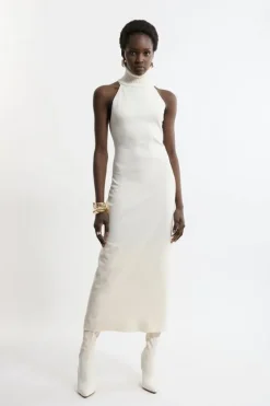 Karen Millen Petite Sleeveless Viscose Blend Turtleneck Knit Midaxi Dress ivory Discount