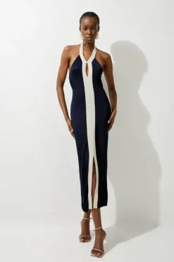 Karen Millen Petite Slinky Mirrored Floral Jacquard Knit Dress navy Fashion