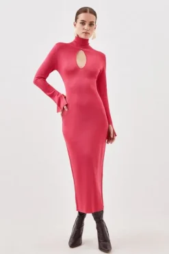 Karen Millen Petite Slinky Viscose High Neck Keyhole Knit Midi Dress pink Discount