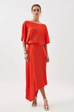 Karen Millen Petite Slinky Viscose Knit High Low Dress orange Fashion