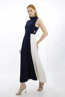Karen Millen Petite Soft Tailored Color Block Pleated Panel Midaxi Dress navy New