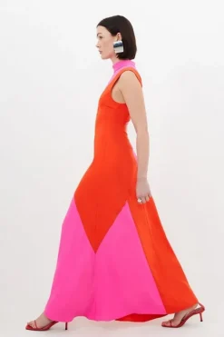 Karen Millen Petite Soft Tailored Color Block Panel High Neck Midi Dress hotpink Hot