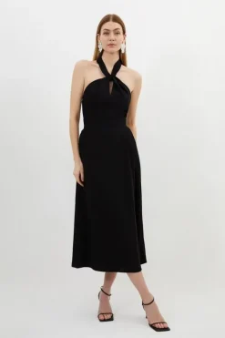 Karen Millen Petite Soft Tailored Halter Tie Neck Pleat Detail Midi Dress black Best