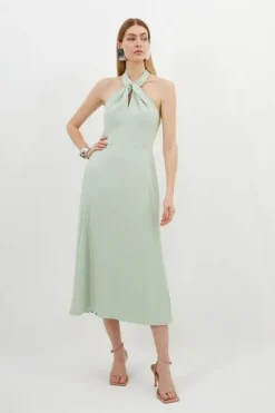 Karen Millen Petite Soft Tailored Halter Tie Neck Pleat Detail Midi Dress sage New