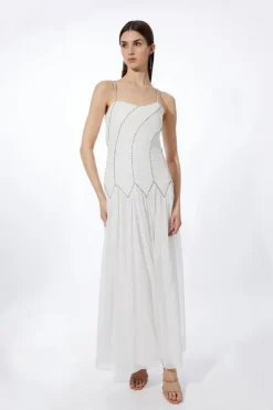 Karen Millen Petite Strappy Embellished Ruched Georgette Woven Maxi Dress white Clearance