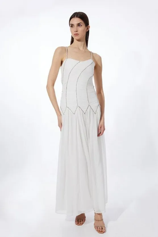Karen Millen Petite Strappy Embellished Ruched Georgette Woven Maxi Dress white Clearance