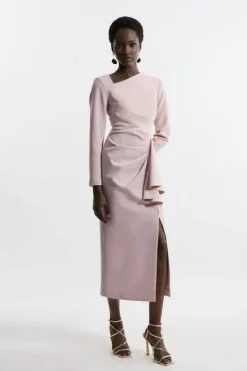 Karen Millen Petite Stretch Crepe Asymmetric Neck Ruffle Drape Midi Dress mink Outlet