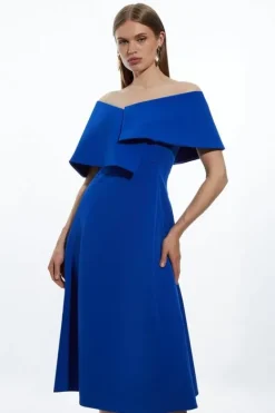 Karen Millen Petite Stretch Crepe Asymmetric Collar Tailored Full Skirt Midi Dress cobalt Sale