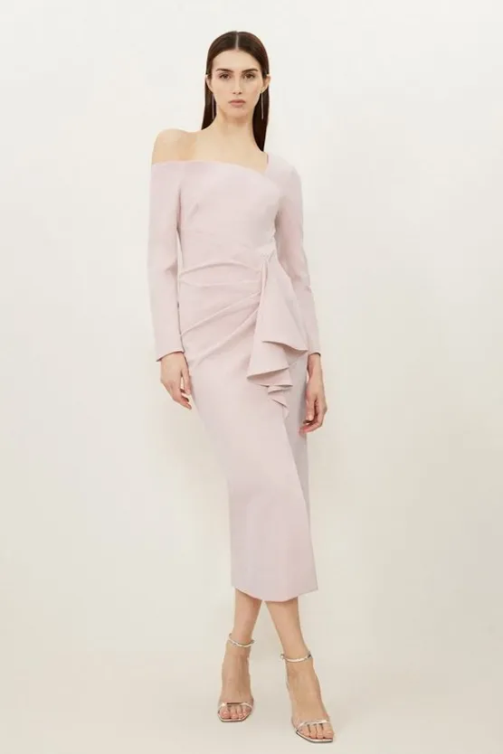 Karen Millen Petite Stretch Crepe Asymmetric Neckline Draped Maxi Dress palepink Fashion