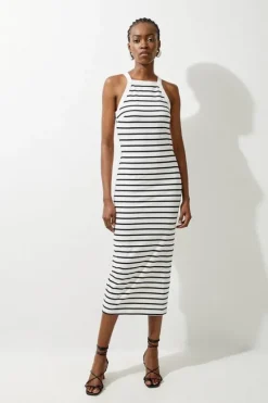 Karen Millen Petite Stripe Stretch Cotton Jersey Halter Midi Dress ivory Hot