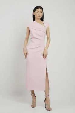 Karen Millen Petite Structured Crepe Asymmetric Neck Midi Dress palepink Best