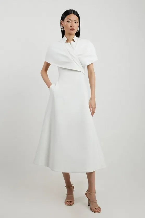 Karen Millen Petite Structured Crepe Cape Detail Full Skirted Tailored Midi Dress ivory Discount