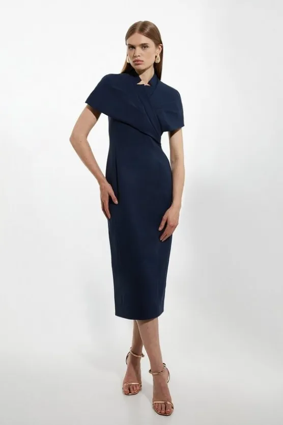 Karen Millen Petite Structured Crepe Cape Detail Midi Dress navy Sale