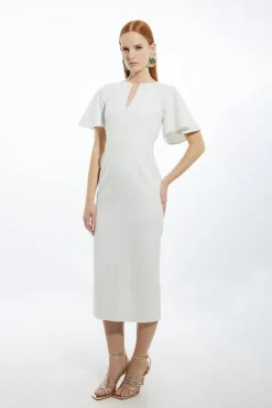 Karen Millen Petite Structured Crepe Ruffle Sleeve Tailored Midi Pencil Dress ivory New