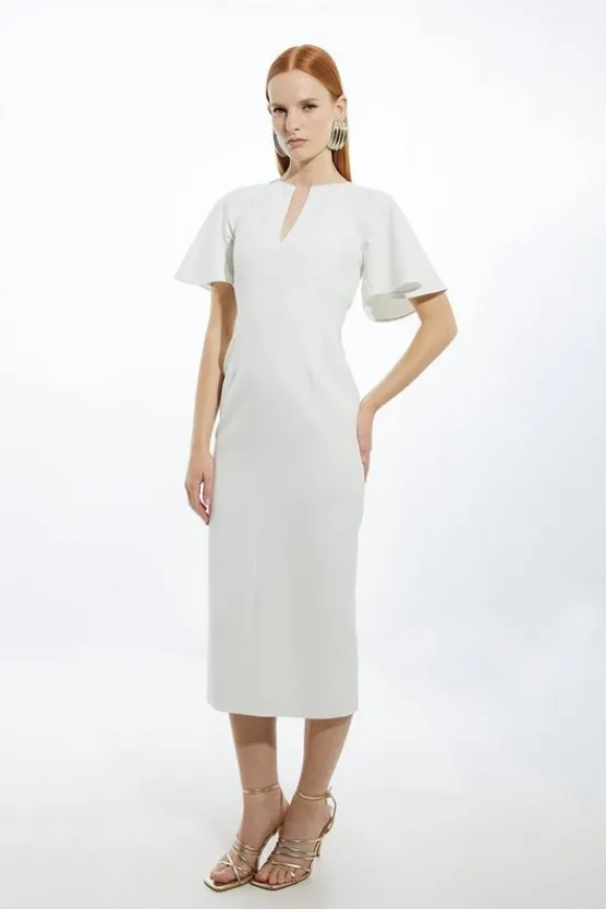 Karen Millen Petite Structured Crepe Ruffle Sleeve Tailored Midi Pencil Dress ivory New