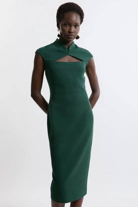 Karen Millen Petite Structured Crepe Tailored Cape Pencil Midi Dress forest New