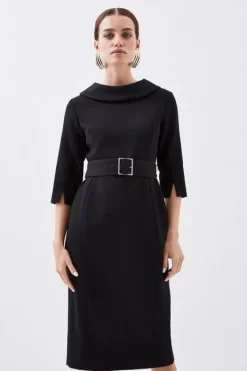 Karen Millen Petite Structured Crepe Turtleneck Belted Tailored Midi Dress black Online