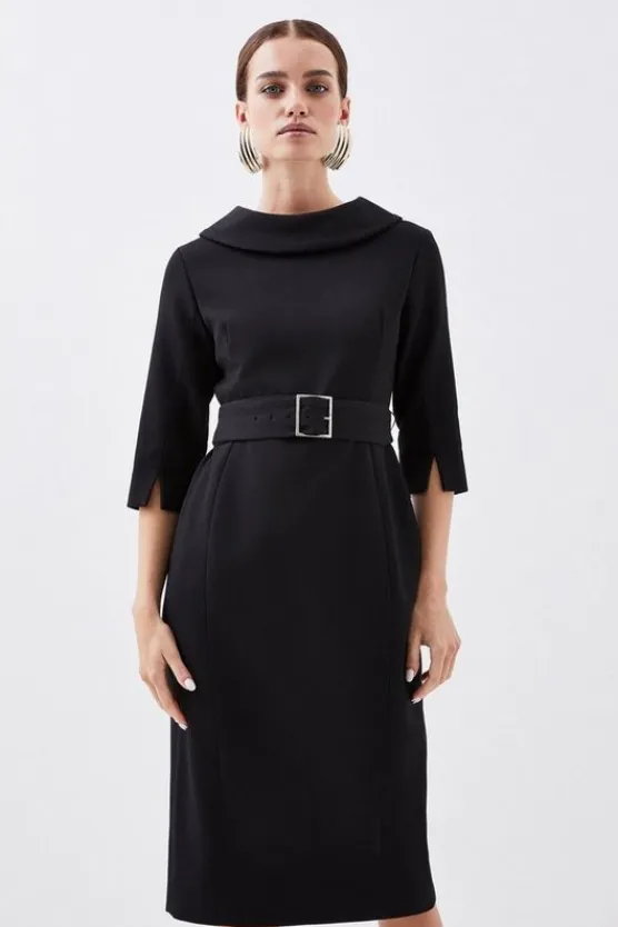 Karen Millen Petite Structured Crepe Turtleneck Belted Tailored Midi Dress black Online