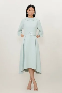 Karen Millen Petite Structured Crepe Turtleneck Dip Hem Midi Dress sage Hot