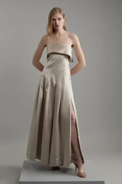 Karen Millen Petite Structured Satin Bandeau Prom Tailored Maxi Dress gold Online