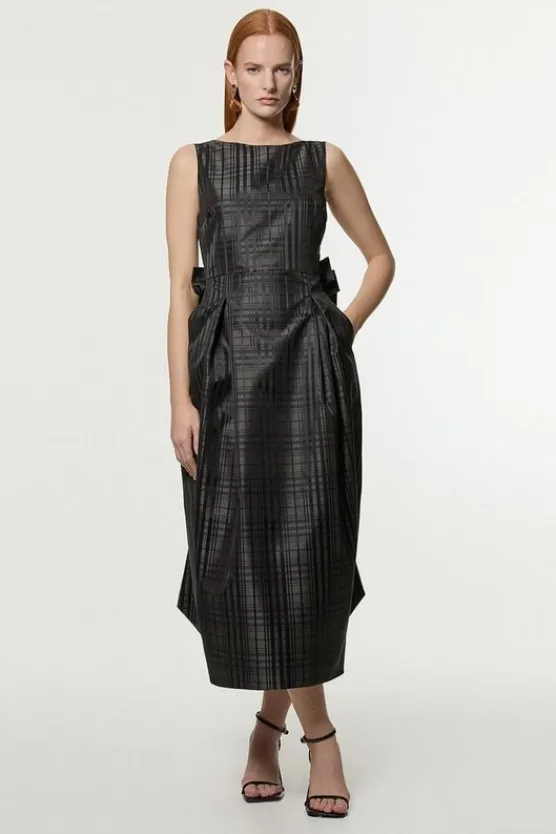 Karen Millen Petite Taffeta Check Bow Detail Tailored Maxi Dress brown New