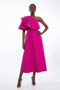 Karen Millen Petite Taffeta One Shoulder Ruffle Midi Dress hotpink Best