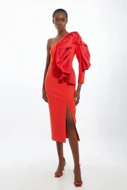 Karen Millen Petite Taffeta Ruffle Sleeved Midi Dress red New