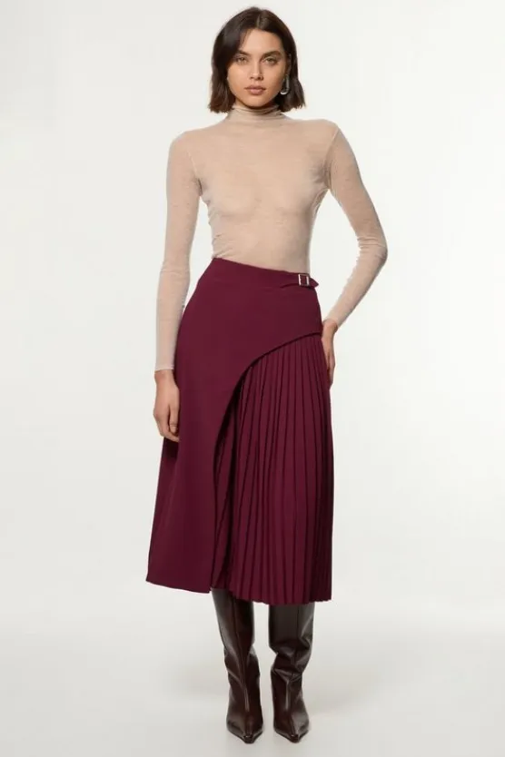 Karen Millen Petite Tailored Buckle Detail Pleated Midi Skirt merlot Best