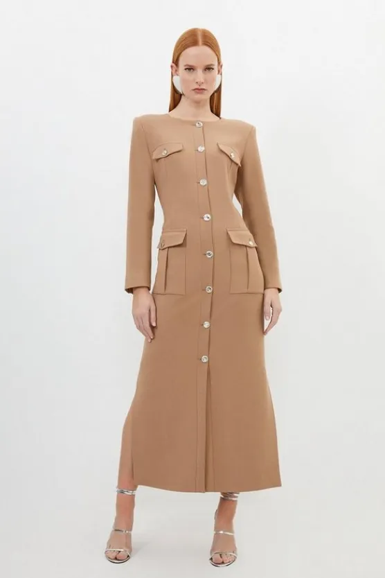 Karen Millen Petite Tailored Compact Stretch Button Through Midi Dress camel Clearance