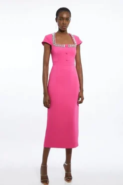 Karen Millen Petite Tailored Compact Viscose Stretch Embellished Cap Sleeve Midi Dress pink Fashion