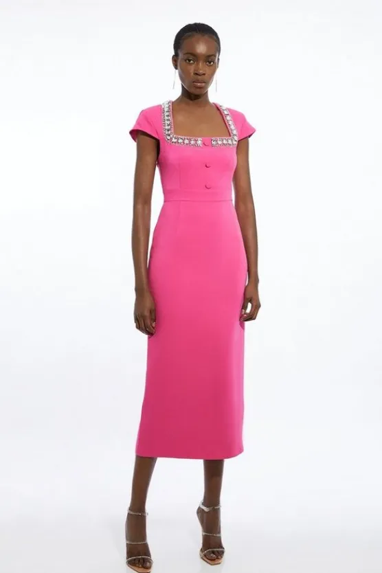 Karen Millen Petite Tailored Compact Viscose Stretch Embellished Cap Sleeve Midi Dress pink Fashion