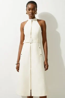 Karen Millen Petite Tailored Cotton Belted Halter Neck Full Skirted Maxi Dress ivory Hot
