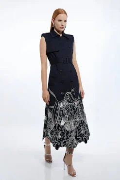 Karen Millen Petite Tailored Cotton Cutwork Embroidered Belted Trench Style Midaxi Dress navy Discount